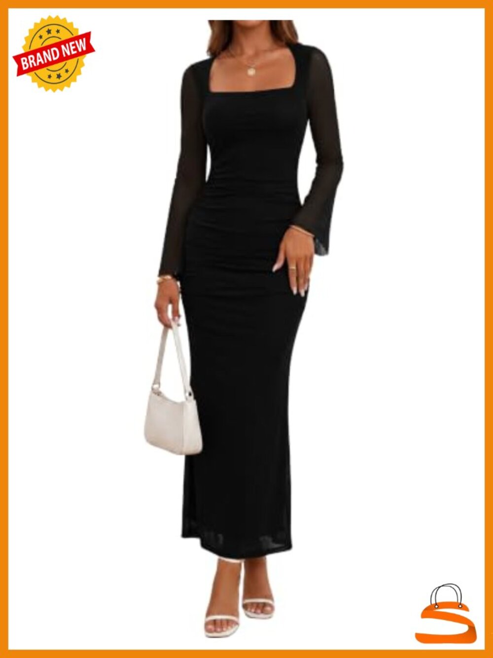 Womens Long Sleeve Maxi Dress Mesh Ruched Wedding Guest Bell Sleeve